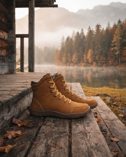 Canyon Barefoot Boots på en träveranda vid en bergssjö
